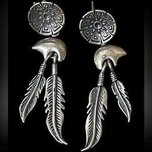 Native American Sterling Silver Masha Navajo Bear Feather Tassel Post Earrings